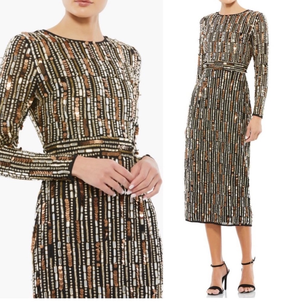 Mac Duggal Long sleeve embellished midi sequin and beaded dress